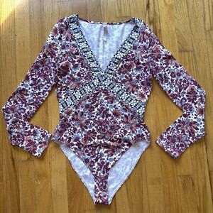 Intimately Free People Bodysuit Womens Small Floral Long Sleeve V Neck Snap Boho